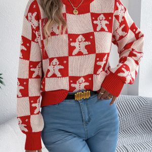 Snowflake Plaid Lantern Sleeve Pullover Sweater