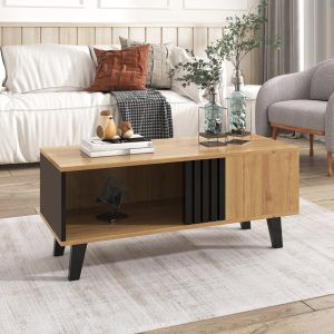 100 X 60 X 45 Cm Coffee Table Featuring A Design In Wood Color And Black  A Living Room Table With Drawers, Side Storage Versatile Functionality, And A Unique Appearance