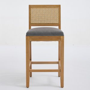 Full Solid Wood Rattan Back Bar Stool  Matte Linen Cushion With High Resilience Foam  S Springs  Ideal For Rustic Natural Style Kitchen Island  Low Bar In Dining Room   Caf Set Of 2 Gray