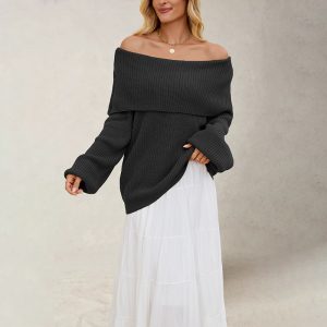 Women's Loose Knit Sweater With Boat Neck