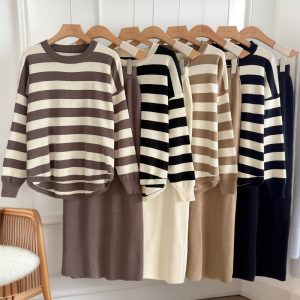Fashion Long Sleeve T-shirt High Waist Skirt Knitted Two-piece