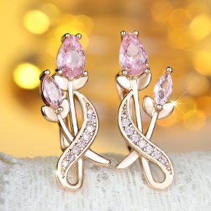 Luxury Flower Bouquet Champagne Tulip Full Diamond Earrings