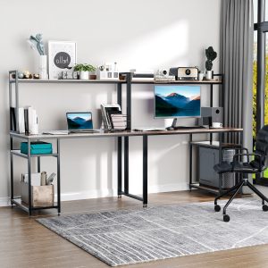 Two Person Desk Double Computer Table Writing Desk with Open Shelves Long Storage Workstation for Home Office