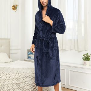 RONGTAI Womens Plush Fleece Hooded Bathrobe, Thick Nightgown Long Robe Sleepwear With Two Side Pockets And Belt