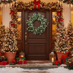 23.6in Christmas Eucalyptus Wreath Nartural Green Door Wreath, Fake Leaf Garland For Home Wedding Front Door Decor
