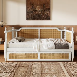 Traditional Style Rattan Twin Size Daybed With 2 Drawers For Limited Space, Guest Room, No Box Spring Needed,Antique White
