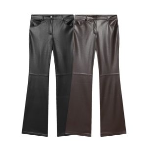 Cord-waist Micro-flared Pants For Leg-lengthening, Figure-hugging Casual Leather Pants