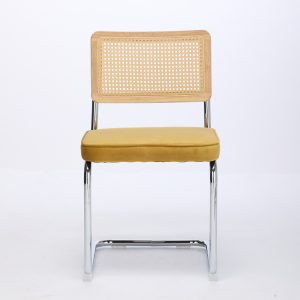 Mid Century Modern Dining Chairs Set Of 2, Velvet Accent Chairs With Natural Cane Back & Stainless Chrome Base, Famous Breuer Designed Chairs, Upholstered Rattan Kitchen Chairs,Golden