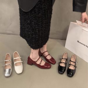 Chunky Heel Red Mary Jane Shoes For Women