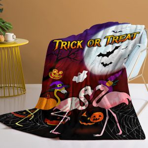 1pc Halloween-themed Pink Flamingo Print Flannel Blanket, Cozy And Warm For Home Use Bed, Sofa, Camping, And Multi-scenario Application Suitable For All Seasons