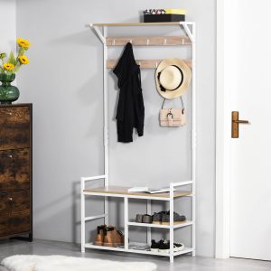 3-in-1Hall Tree Entryway Coat Rack Shoe Bench with 9 Hanging Hooks