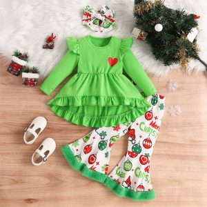 Toddler Girl's 2-Piece Set Round Neck Long Sleeve Ruffle Hem Tunic Top & Print Flare Pants For Spring & Fall