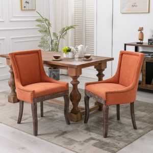 AA Furniture,Ultra Side Dining Chair  Thickened Fabric Chairs With Neutrally Toned Solid Wood Legs  Bronze Nail Head  Set Of 2 Orange