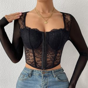 Women's Solid Color Lace Mesh Button-up Corset V-neck Top