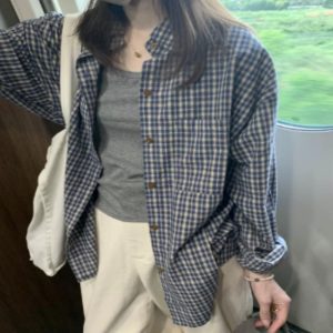 Blue Plaid Women's Loose Long-sleeved Shirt
