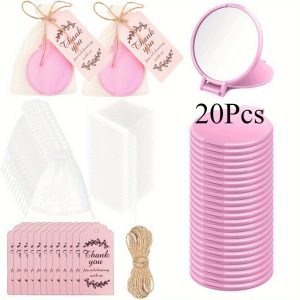20 Portable Folding Makeup Mirrors, Ideal For Women - Compact Handheld Glass Mirror With Thank You Gift Tag, Elegant Pink Design, Battery-Free, Birthday, Christmas, Graduation Gift, Perfect For Sister