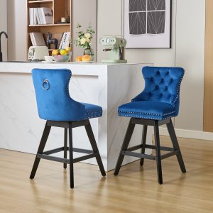 Swivel Velvet Barstools With Button Tufted Decoration And Wooden Legs, And Chrome Nailhead Trim, Leisure Style Bar Chairs,Bar Stools, Set Of 2 Blue,SW1860BL