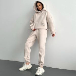 Casual Fleece-lined Hooded Sweatshirt And Pants Two-piece Set