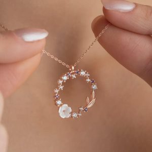 Sterling Silver Floral Circle Necklace Rhodium Plated Dainty Pendant