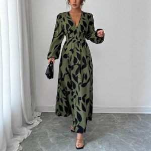 Women's V-neck Long Sleeve High Waist Dress Vacation Style Leaf Print