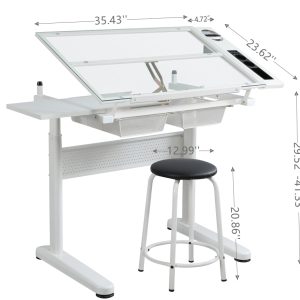 Hand Crank Adjustable Drafting Table Drawing Desk With 2 Metal Drawers White  WITH STOOL