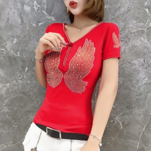 Trendy European Style Heavy Duty Zipper Cotton Short Sleeved T-shirt For Women
