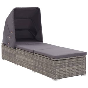 sun lounger with sunshade and cushions, poly rattan