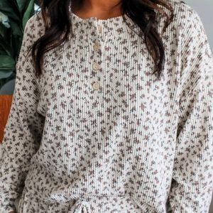 White Spiral Rib Printed Long Sleeve Henry Collar Drawstring Shorts Suit