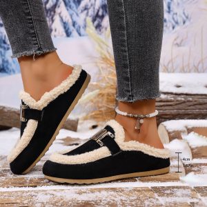 Women's Flat Lamb Wool Slippers Winter New Birkenstock Closed Toe Fluffy Shoes Lazy Cotton Slippers
