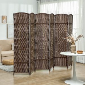 Folding Room Divider Screen 6 Panel 6' Tall Privacy Screen Freestanding Wood Partition for Home Office, Brown