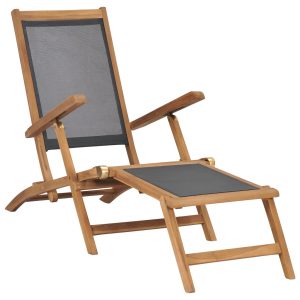 sun lounger with footrest, solid teak wood, black