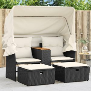 2-seater garden sofa with canopy and stools, poly