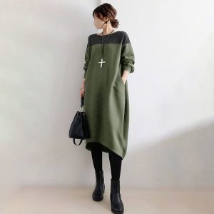 Loose Oversized Round Neck Patchwork Dress For Women