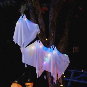 Hanging Halloween Ghost with 3 LEDs, 3 pcs, White, 52 x 62 cm