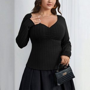 Elegant And Intellectual Style Square-neck Slim-fit Long-sleeved Top