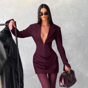 Women's Solid Color Deep V Lapel Pleated Waist-tie Suit Dress