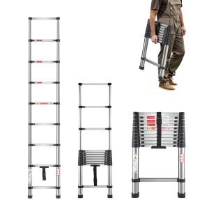 Telescoping Ladder, 2540mm Stainless Steel Lightweight Extension Ladder, Multi-Button Retraction Collapsible Ladders, 150 Kg Capacity & Non-Slip Feet, Portable 9-Step Ladders For Home RV Loft