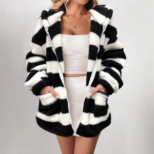 Casual Long Sleeve Black And White Striped Cardigan Jacket