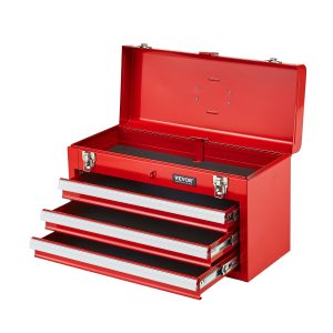 Metal Tool Box, 20.5-inch, Portable Metal Tool Box With 3 Drawers, Small Tool Chest With EVA Liners, Ball Bearing Slide Drawers Locking & Powder Coated Finish, Multi-Function Tool Organizer, Red
