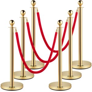 Velvet Ropes And Posts, 5 Ft-1.5 M Red Rope, Stainless Steel Gold Stanchion With Ball Top, Red Crowd Control Barrier Used For Theaters, Party, Wedding, Exhibition, Ticket Offices Pack Sets -6