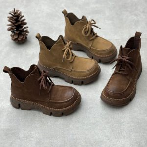 Platform Round Toe Lace-up Casual Cowhide Women's Boots