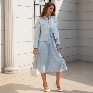 French-style Women's Elegant Tweed Jacket With Plaid Countryside Dress Set