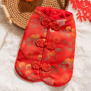 Traditional Chinese Cheongsam Pet Vest With Knot Buttons, Red Festive Dog Jacket For Lunar New Year