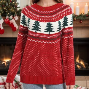 Women's Casual Pine Pattern Sweater, Loose Fit Round Neck Long Sleeve Knit Top For Holiday Parties