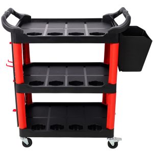 3 Tier Rolling Auto Detail Cart With Wheels,With Bucket & Panel & Hook,for Detailers Garage, Workshop, Repair Shop, Storage Tool,Red&Black