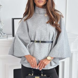 Women's Batwing Sleeve Cape Coat - Trendy Belted Stand Collar Cloak For Casual Outfits