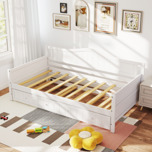 Twin Size Day Bed Frame With Trundle, Integrated Headboard & Armrests, Space-Saving Trundle Bed , Sturdy Wood Construction