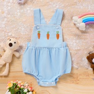 Baby Comfortable Overalls Romper Carrot Embroidery With Adjustable Straps And Snap Closure For Spring Summer