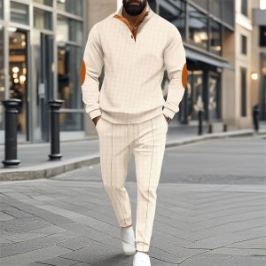 Men's Half-Zip Waffle Casual Stand Collar Long Sleeve Sweatshirt Set