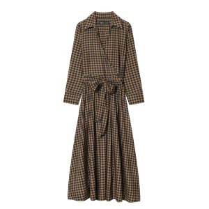 Checkered V-neck Long Sleeve Belted Shirt-style Dress